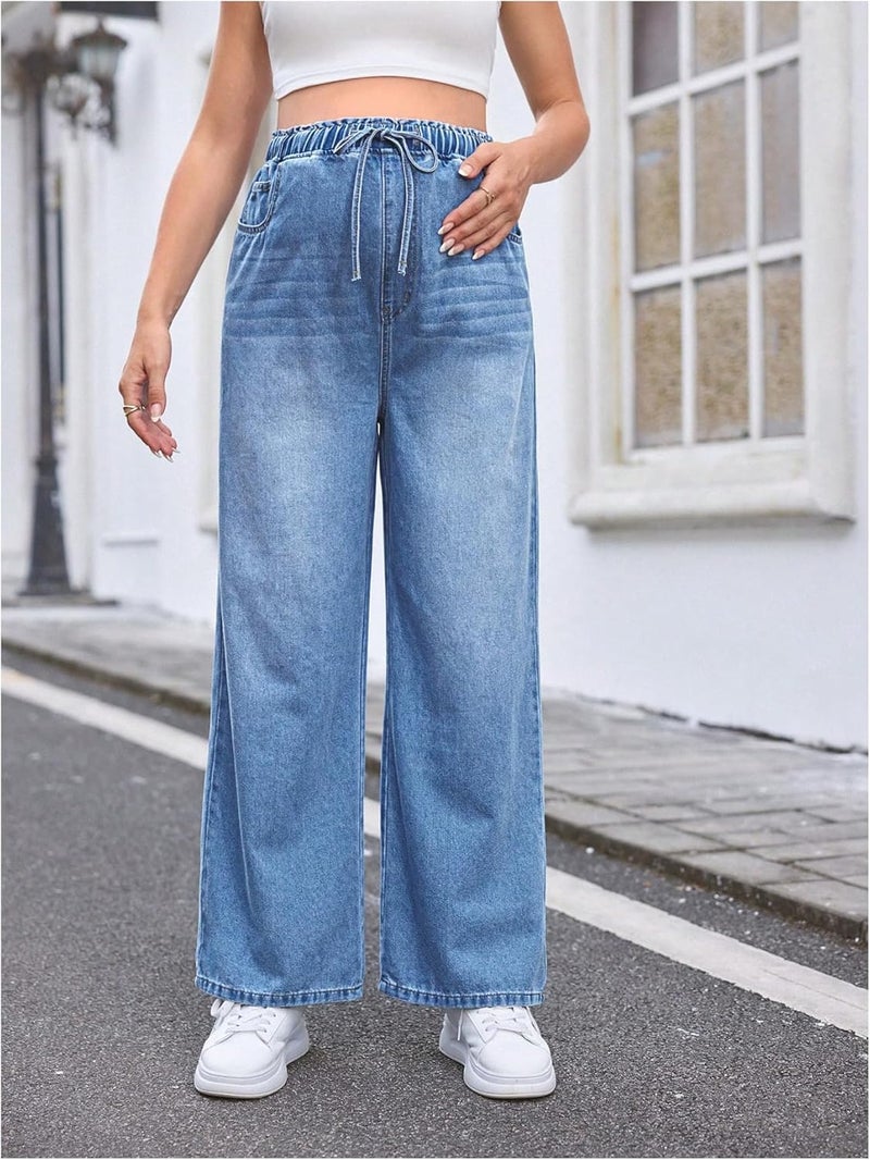 MakeMeChic Women's Maternity Denim Pants Elastic Waist Drawstring Wide Leg Baggy Pregnancy Jeans with Pockets - Image 2